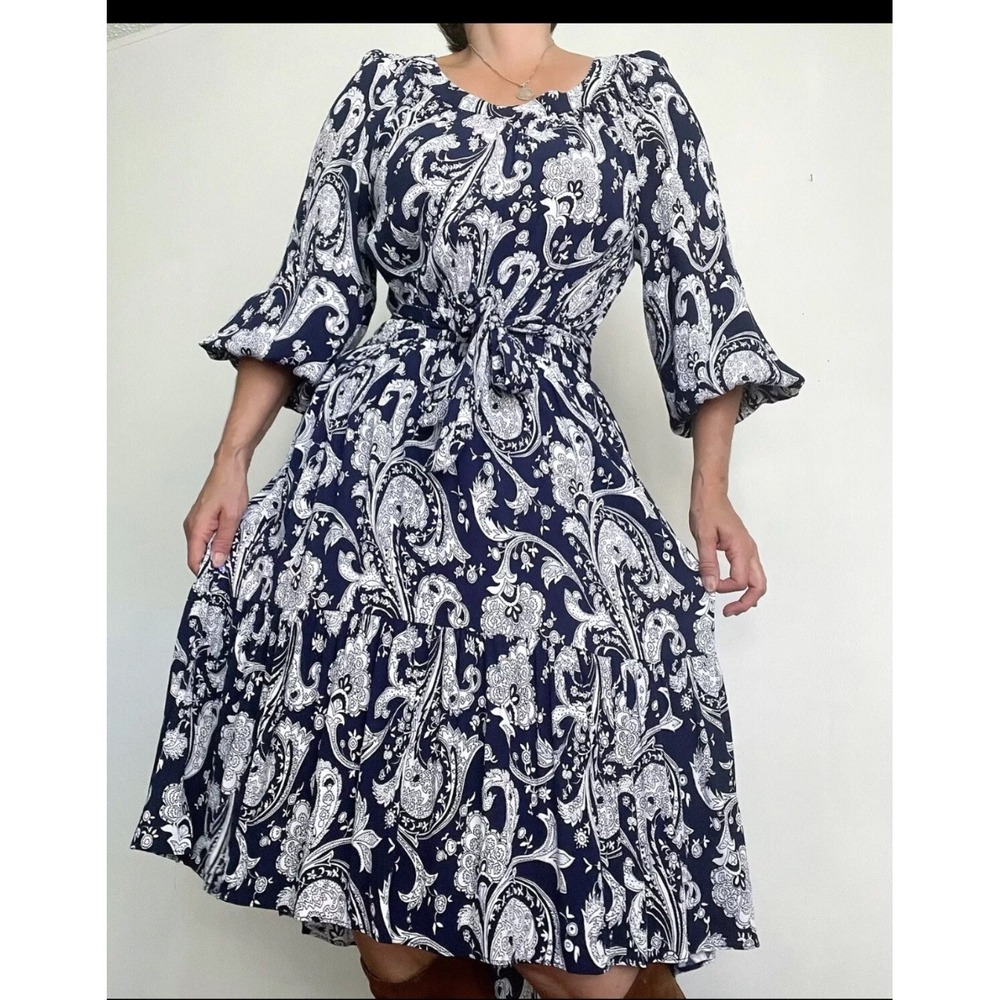 Talbots Navy Blue‎ White Paisley Print Dress 3/4 Sleeve Drawstring Waist L